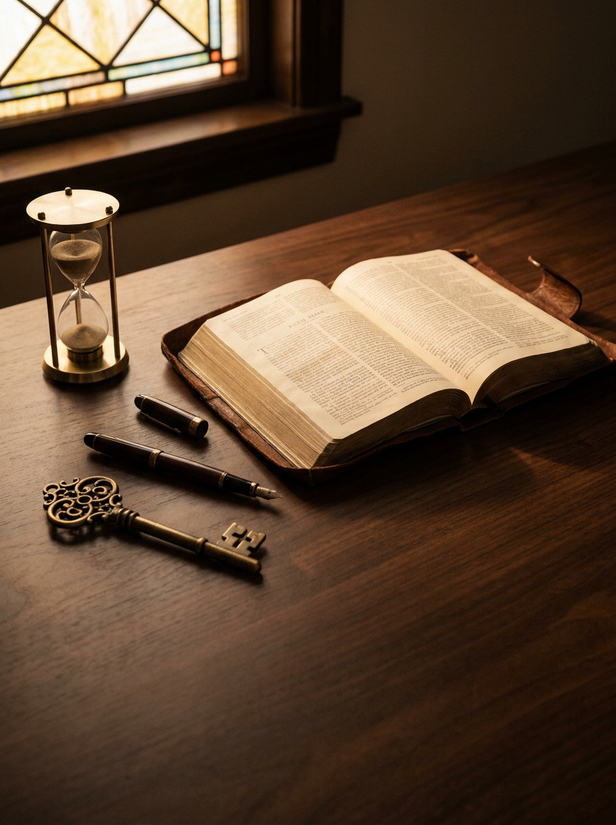 Open Bible with hourglass, fountain pen, and antique key on walnut table